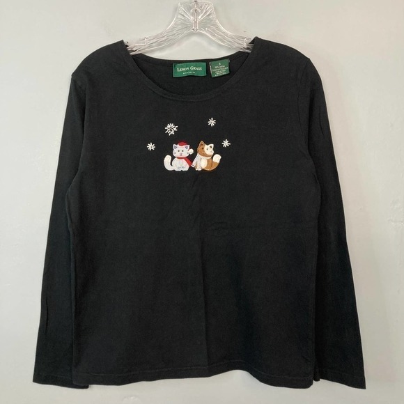 𝅺lemon Grass Studio Christmas Holiday Kitty Cat Long Sleeve T-Shirt Black Size S - Picture 8 of 12